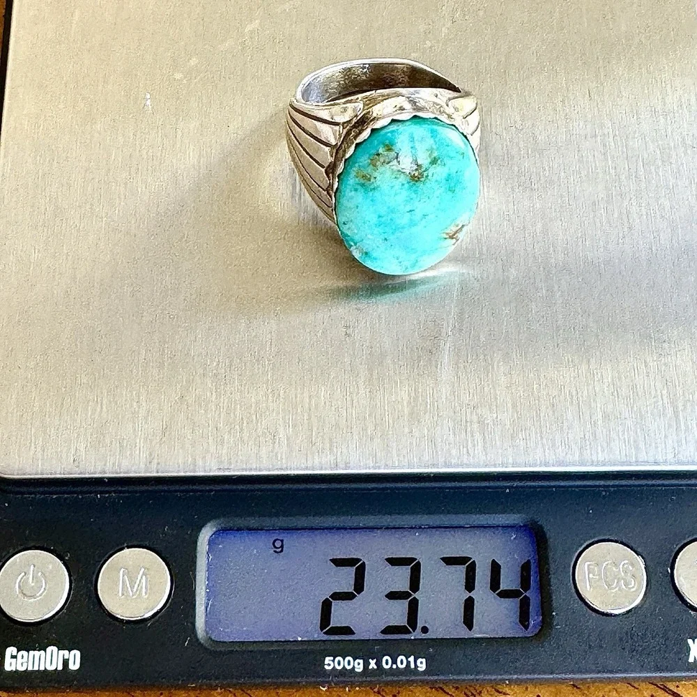 Big Navajo Mens Turquoise‎ Ring Sz 11 Signed Alvery Smith Fans 23g Band Oval